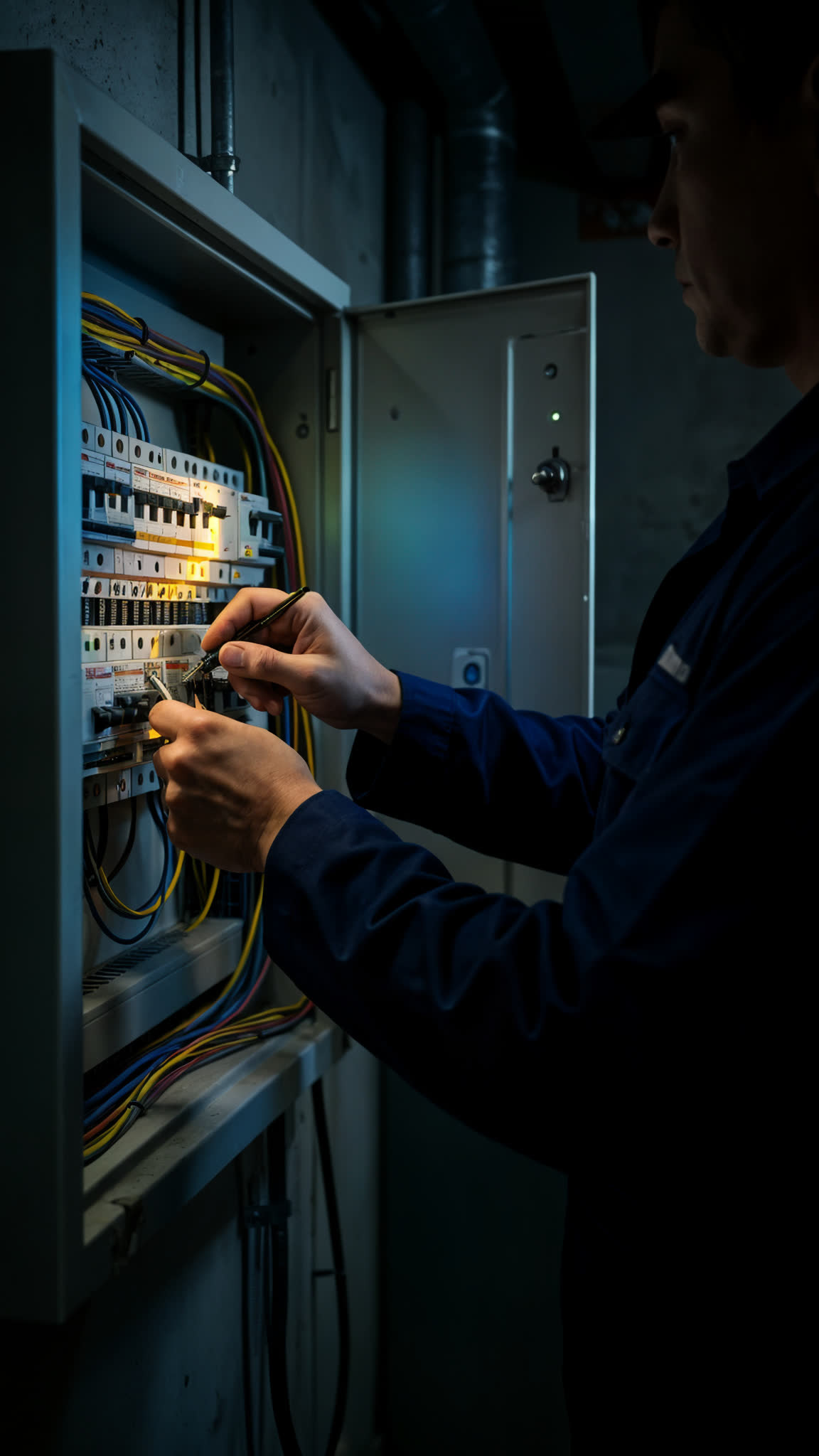 Electrician working on a residential breaker panel